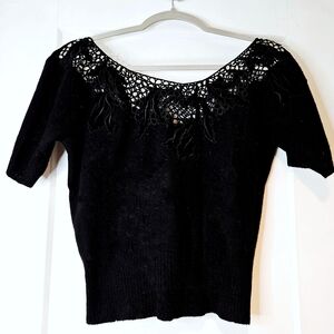 Vintage 60s Saks Fifth Avenue Black Crochet Lace Neck Sweater